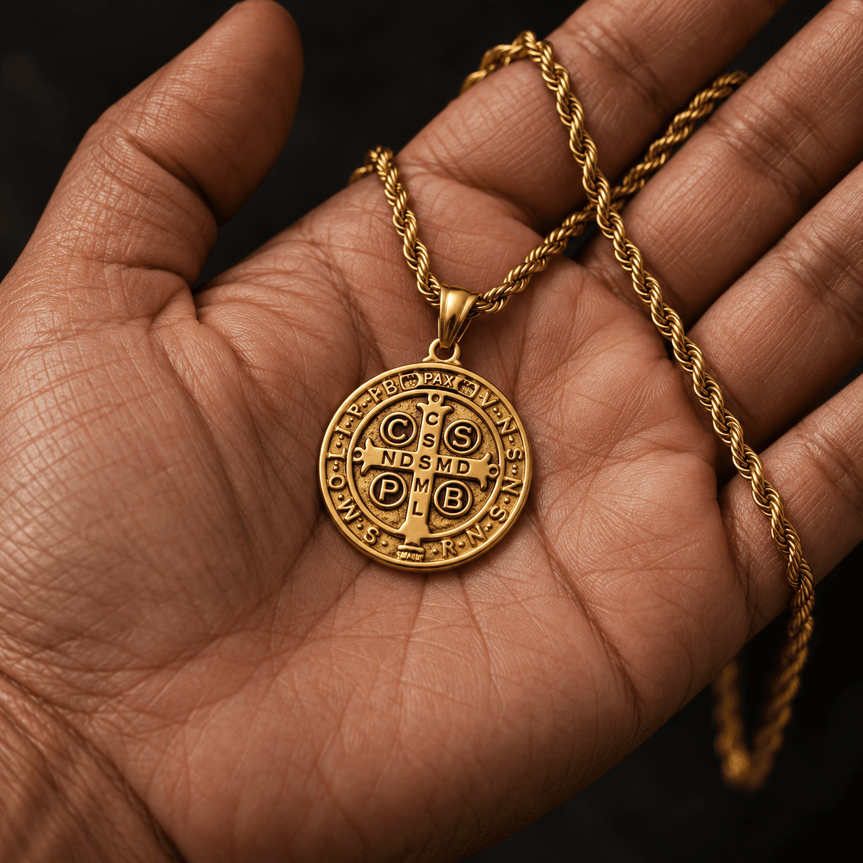 Medalha de São Bento na palma da mão, tamanho real